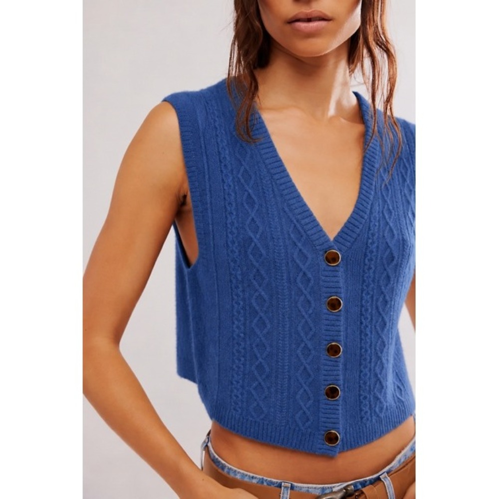 Free People Blue Sleeveless Cashmere Sweater Vest Cropped Cable Knit